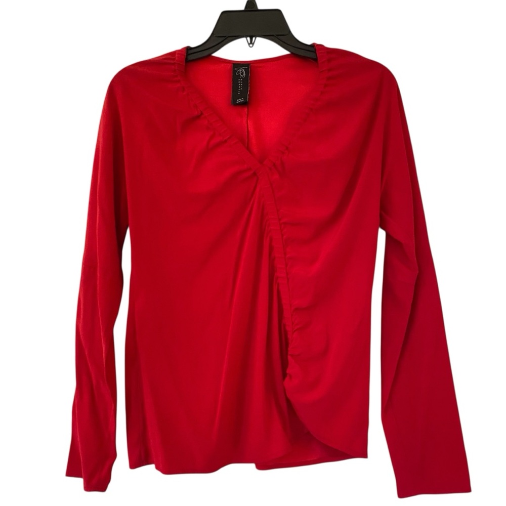 Zero + Maria Cornejo Silk Blend Top Red Long Sleeve Ruched Blouse Size 2 Small